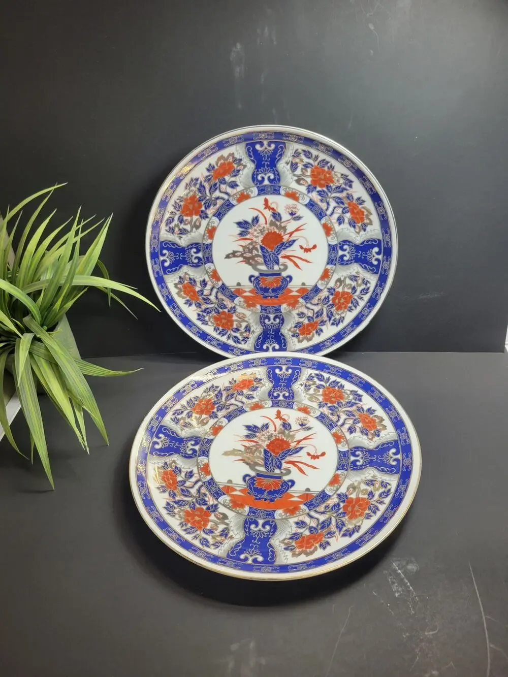 2 Vintage UCGC Imari Plates Cobalt Blue Rust Flowers Vase Gold & Blue Leaves 10”